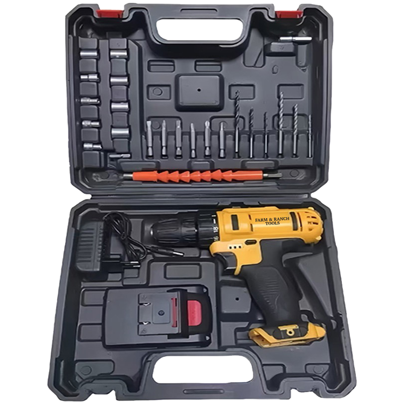 Drill and accessories in a black carrying case on a white background