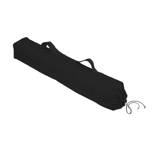 Black lawn chair in carrying bag on a white background