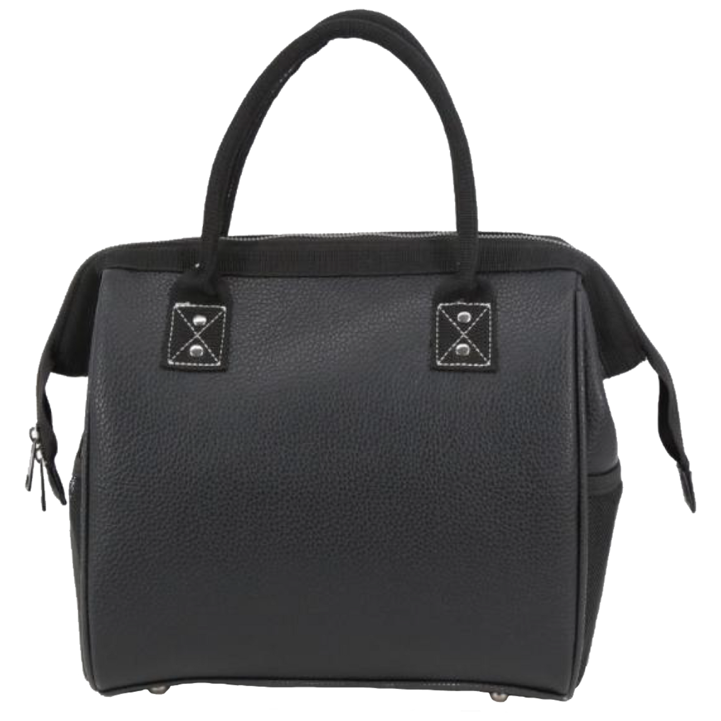 A black pebbled faux-leather handbag with dual top handles, zippered side pockets, and silver-tone hardware, shown against a plain white background.