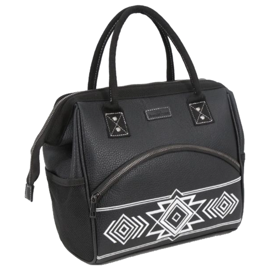A black textured leather diaper bag with dual top handles, a front zippered pocket, and a white geometric Southwestern-style pattern on the lower front panel, shown against a plain white background.