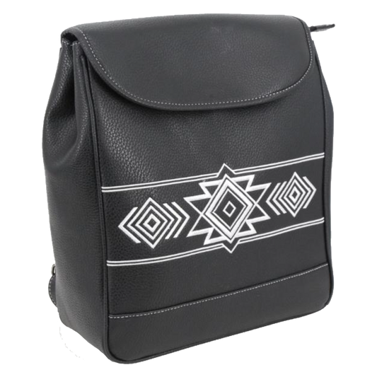 A black faux-leather backpack with a white geometric pattern on the front, shown against a plain white background.