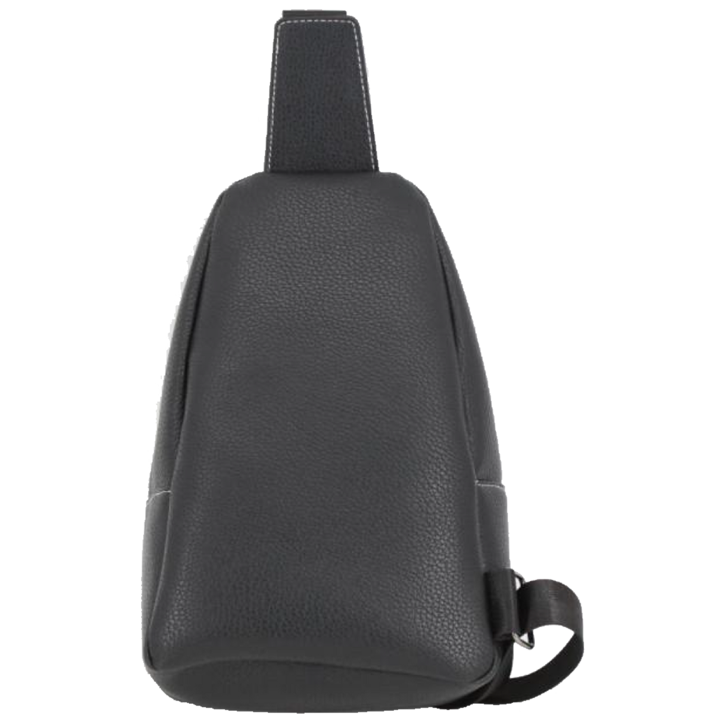 A black pebbled faux-leather sling bag shown from the side profile against a solid white background.