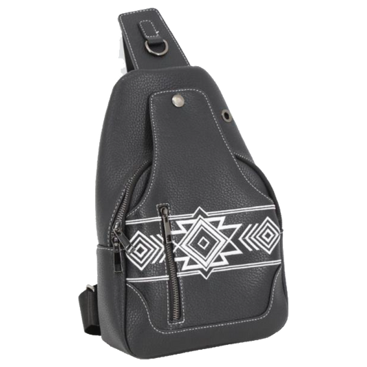 A black faux-leather sling bag with a white geometric tribal-style pattern on the front pocket, shown against a plain white background.