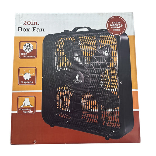 Box fan packaging with brand logo on a white background