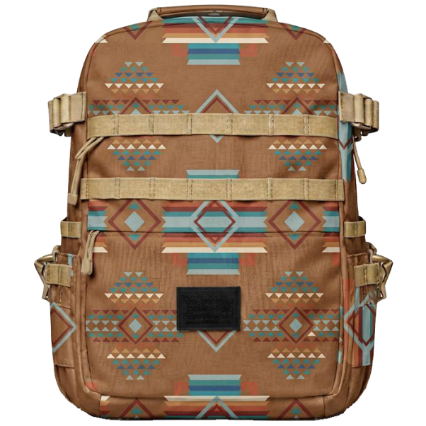 Brown backpack with geometric pattern on a white background