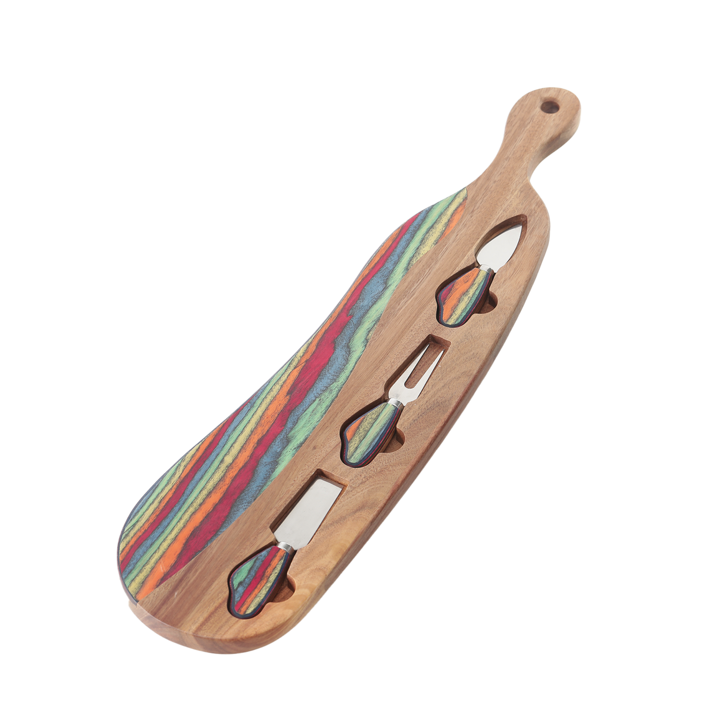 Colorful Wooden cutting board with handle and three utensils on a white background