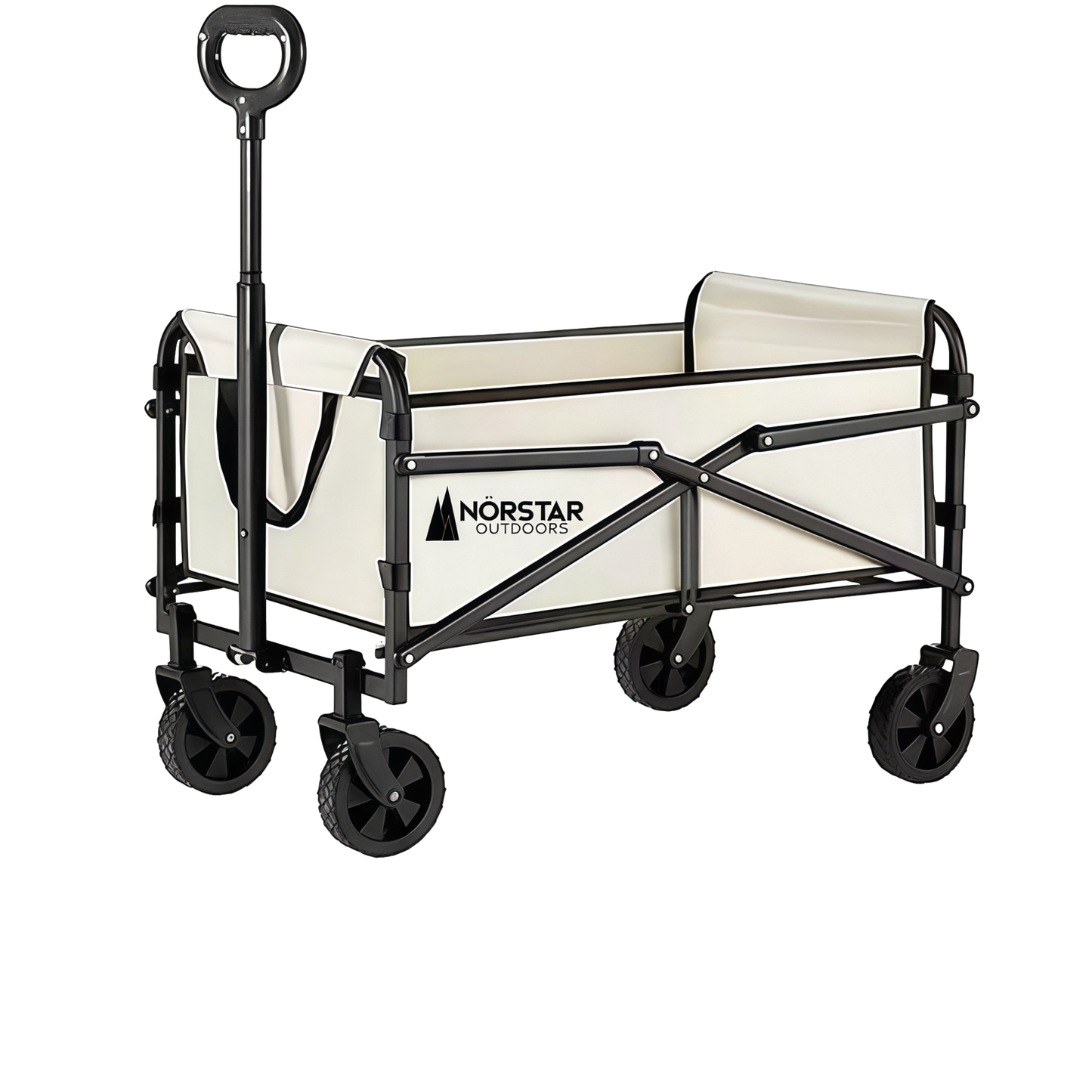 White folding wagon with black frame and wheels on a white background