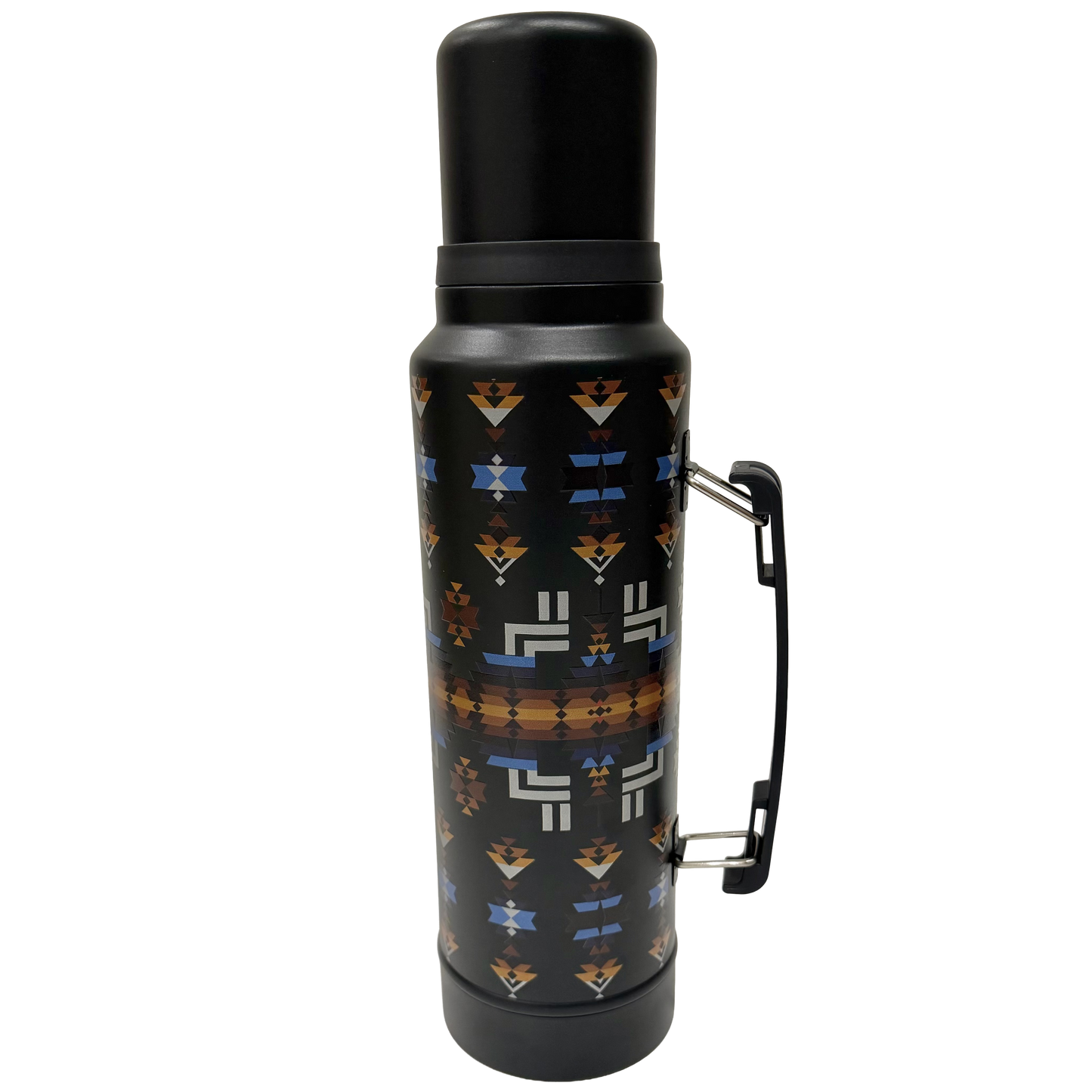 Gray thermos bottle with geometric pattern on a white background