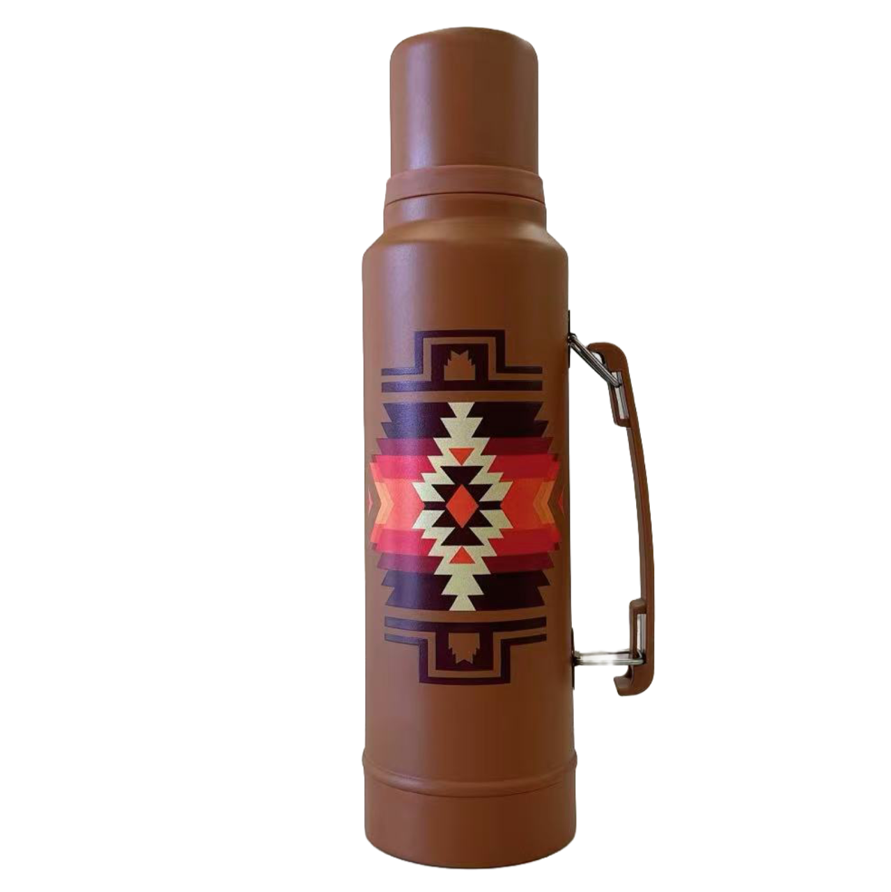 Brown thermos with a geometric pattern on a white background