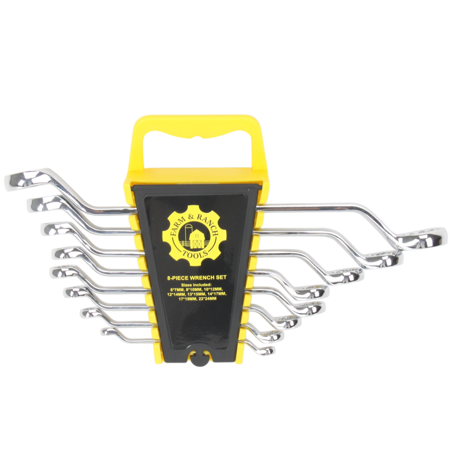 Set of six wrenches with a yellow and black tool case on a white background