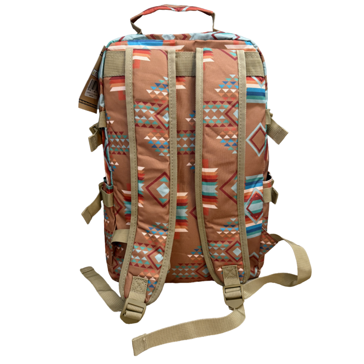 A backpack with a Southwestern geometric pattern in terracotta, beige, blue, and red, featuring tan webbing straps and a top carry handle, shown against a plain white background.