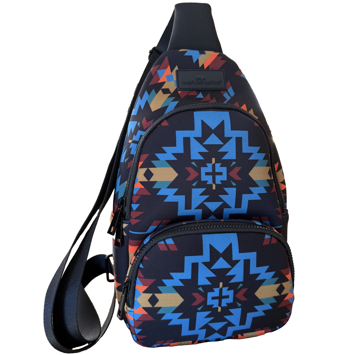 Sling bag with geometric pattern on a white background