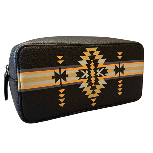 Black toiletry bag with yellow and white geometric pattern on a transparent background