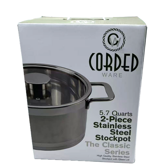Box of a 5.7-quart 2-piece stainless steel stockpot by Corded Ware on a white background.