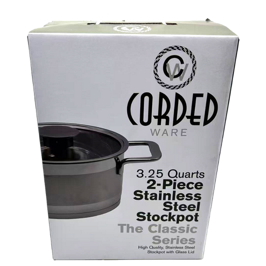 Box of Corded Ware 3.25-quart stainless steel stockpot with glass lid on a white background