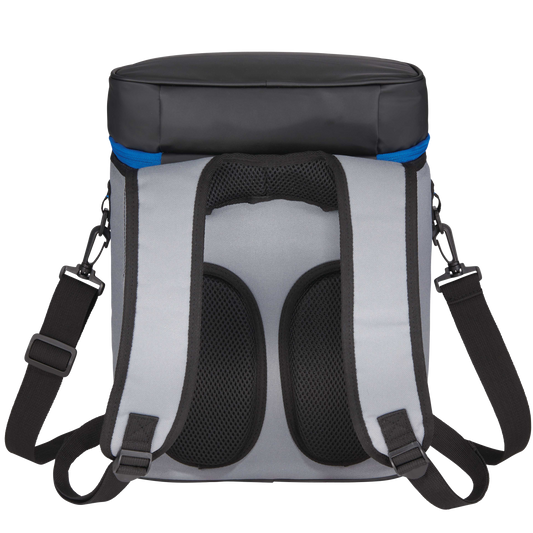 Backpack with black and gray design on a white background