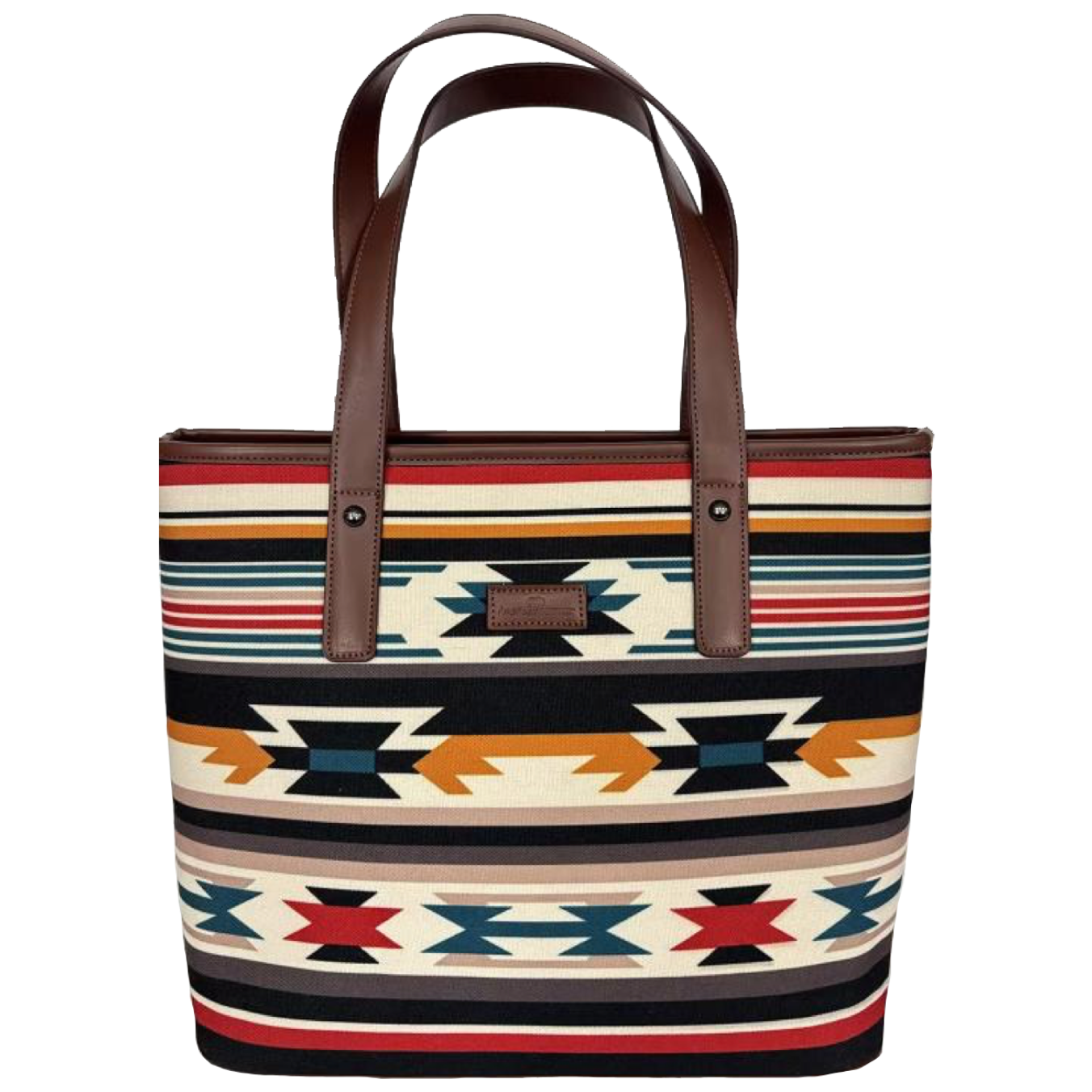 Tote bag with a colorful geometric pattern on a white background
