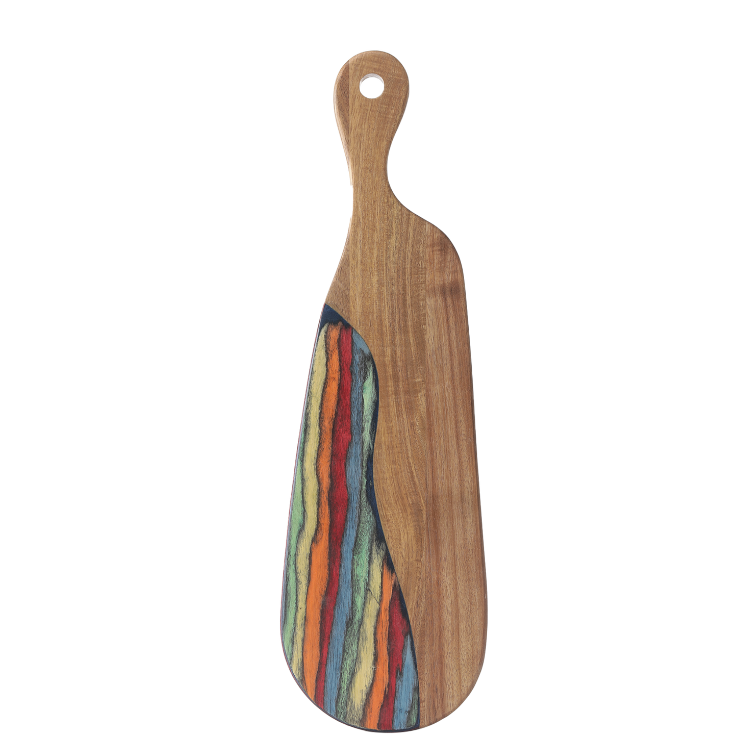 Wooden serving board with colorful striped wood on a white background