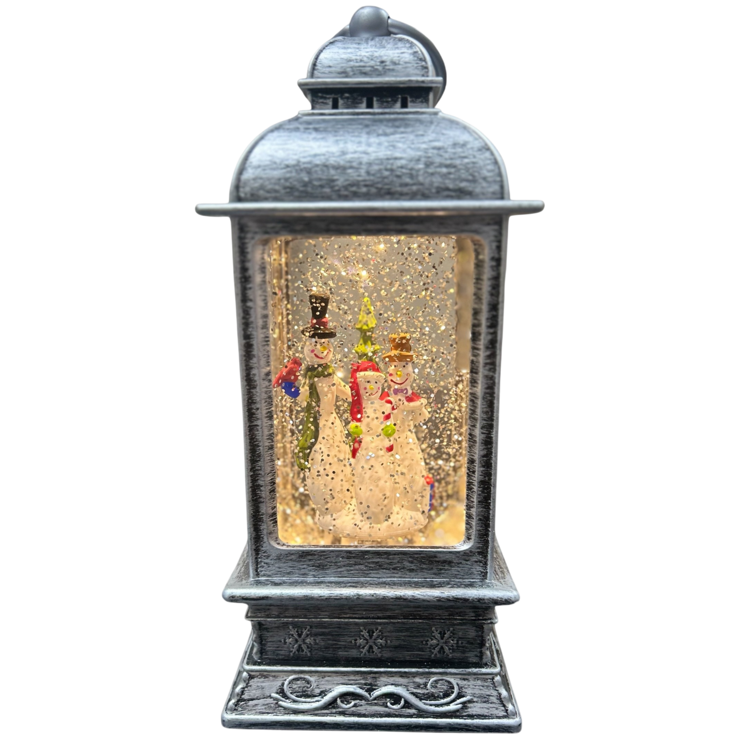 Decorative lantern with snowman and gingerbread man inside on a white background