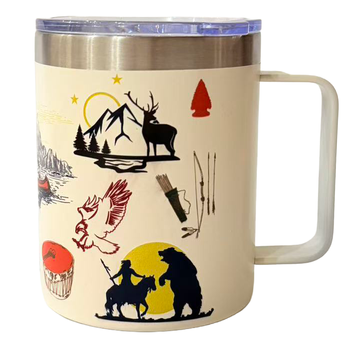 Travel mug with scenic illustrations on a beige background