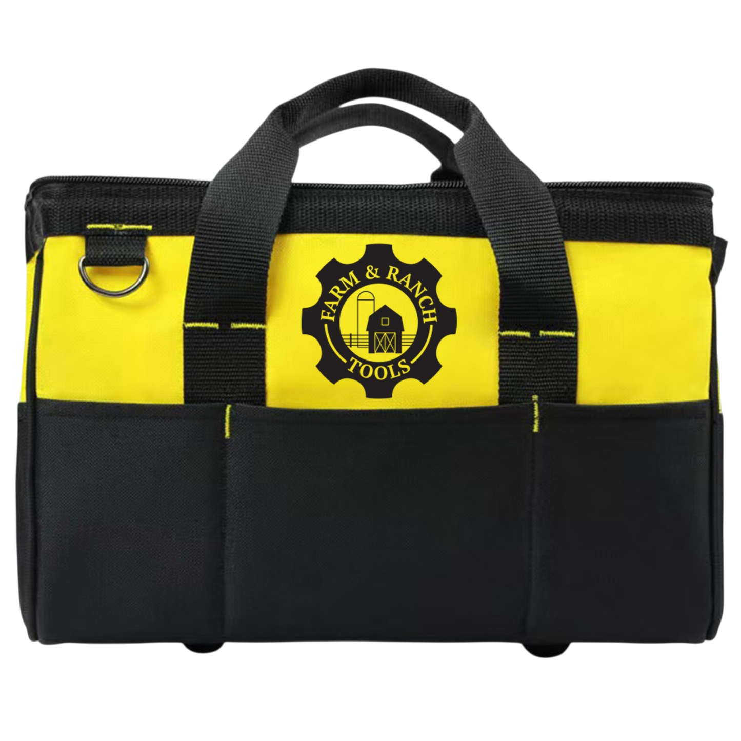 Black and yellow tool bag with 'Farm & Ranch Tools' logo on a white background