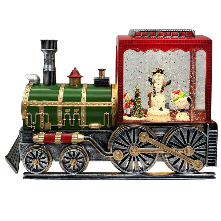 Model train with a snow globe featuring a snowman and Christmas trees on a white background