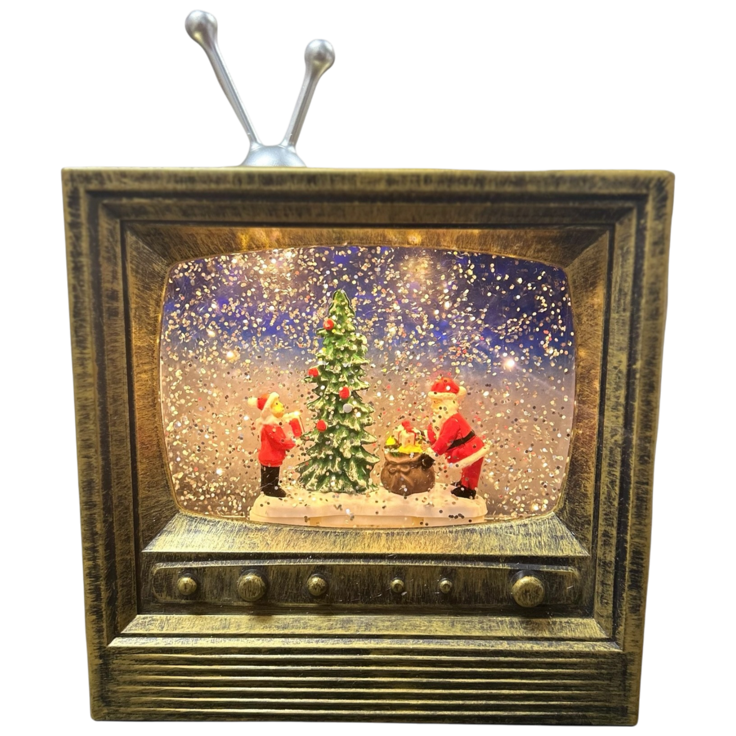 Decorative TV with a Christmas scene inside, featuring a tree and Santa Claus.