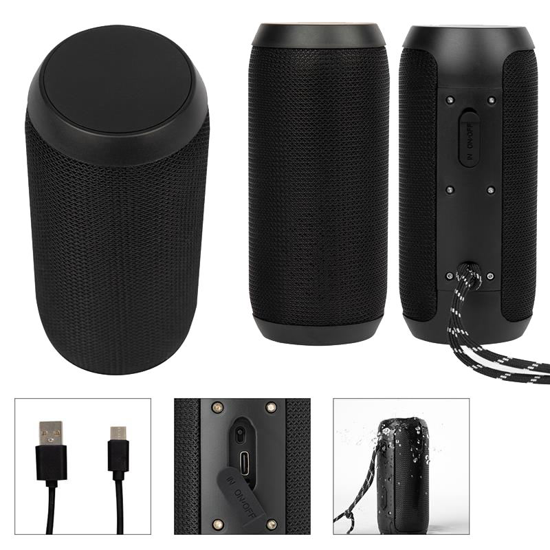 Black speaker with multiple views and accessories on a white background