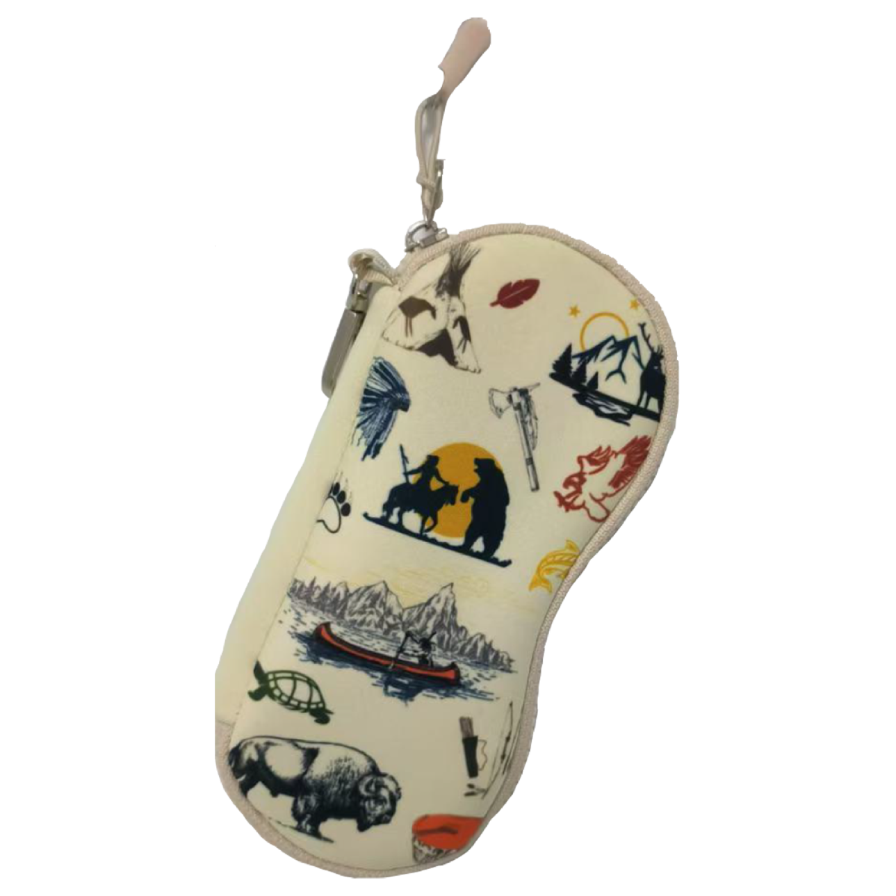 Small eye glass pouch with scenic illustrations on a white background