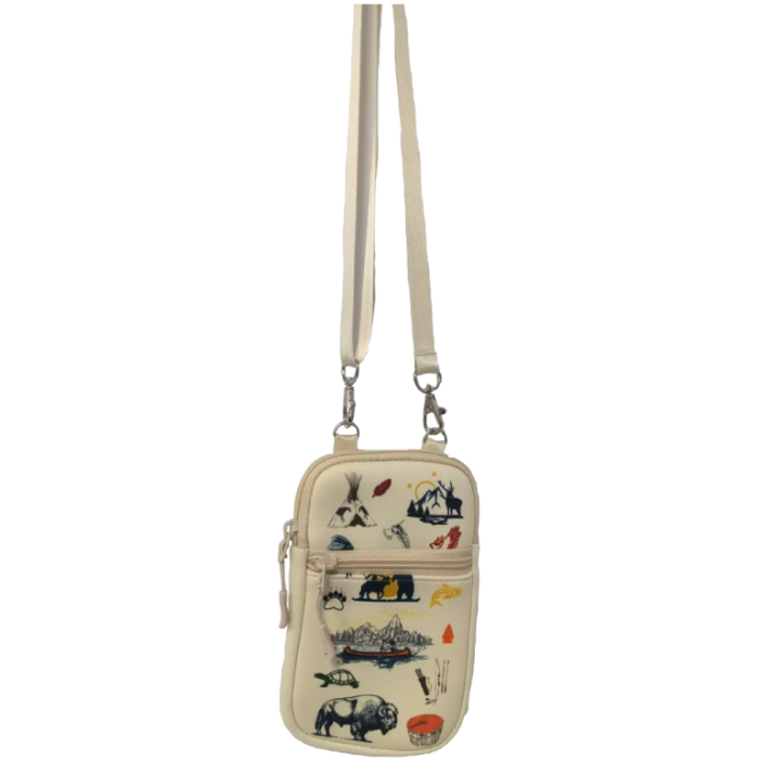 Beige crossbody bag with scenic illustrations on a white background