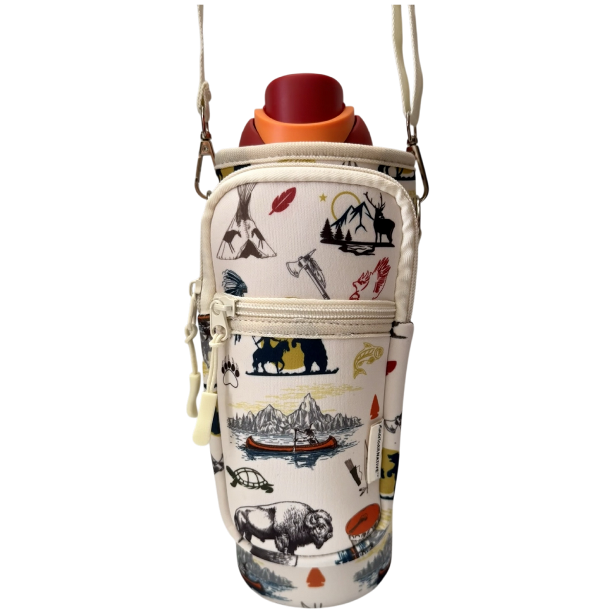 A water bottle in a soft insulated bottle bag with a cream background and a multicolor outdoor-themed print including mountains, bison, a bear, and a canoe. The bag has a top zipper, a front zip pocket, and a shoulder strap, shown against a plain white background.