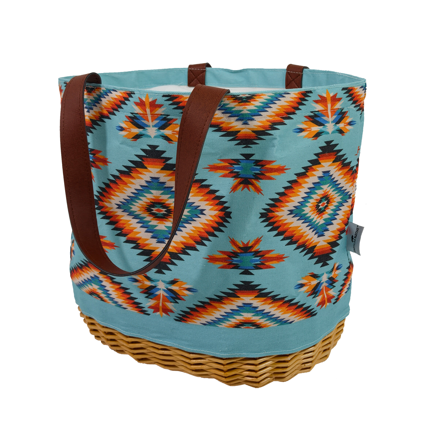 Tote bag with geometric pattern and brown handles on a white background