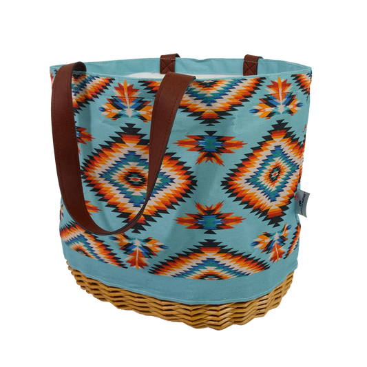 Tote bag with geometric pattern and brown handles on a white background