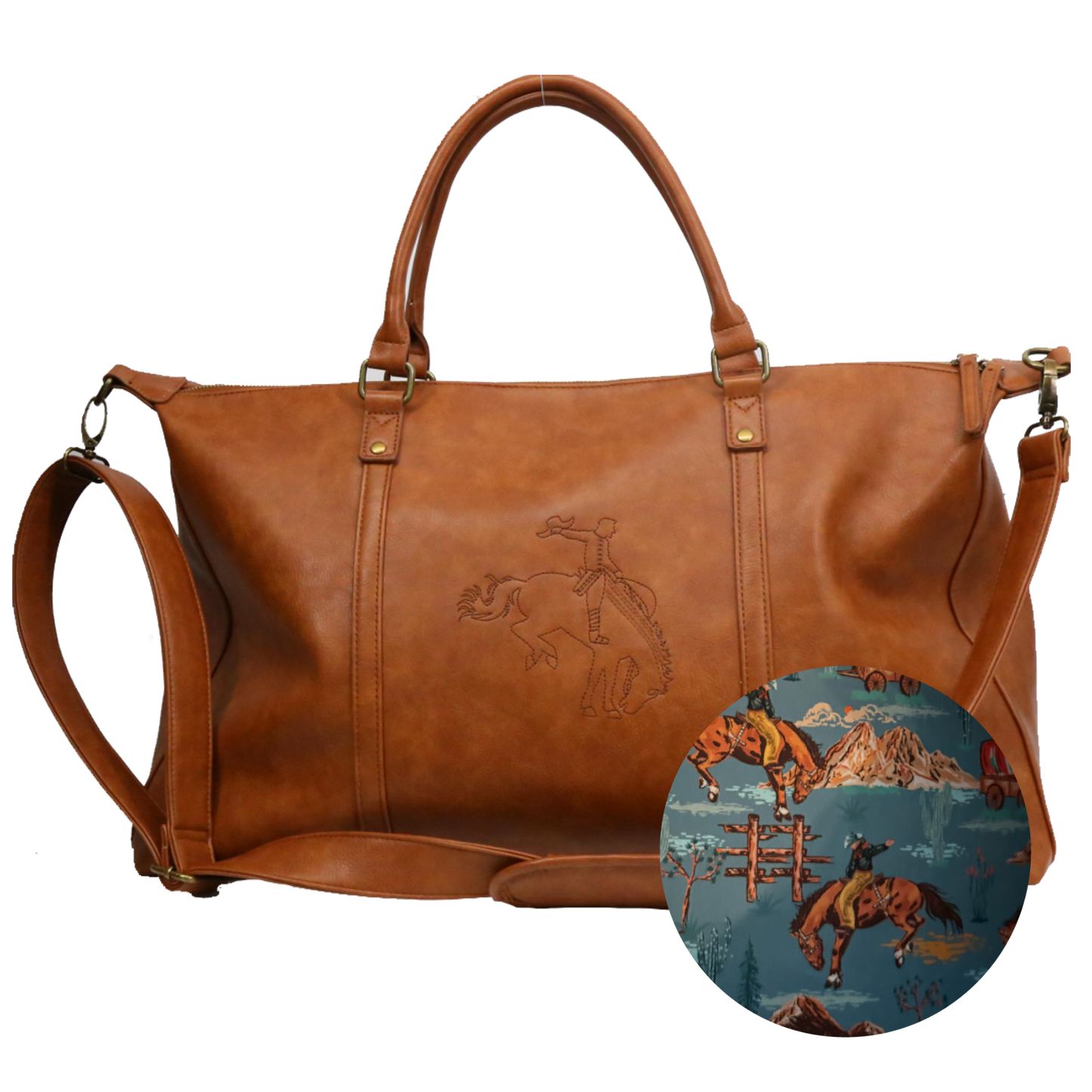 Brown leather bag with a cowboy and horse emblem on a white background