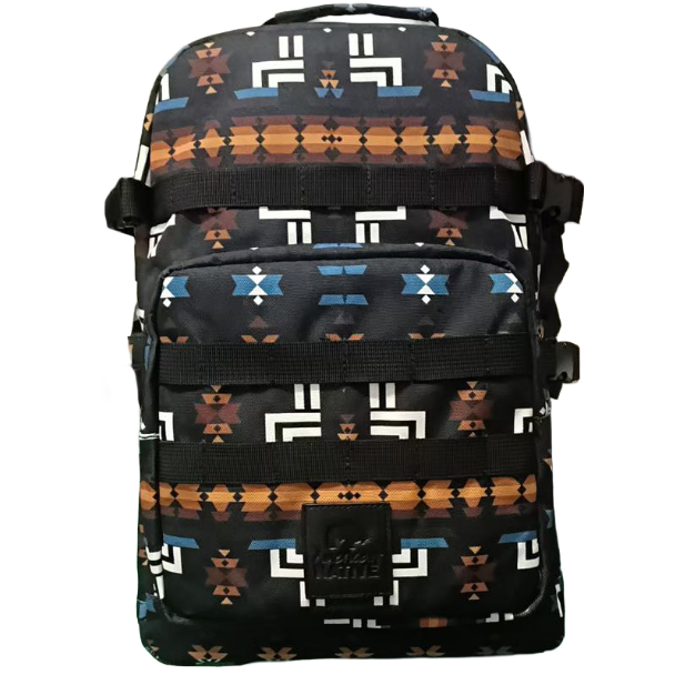 Gray backpack with geometric pattern on a white background