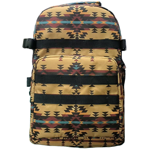 Yellow backpack with tribal pattern on a white background