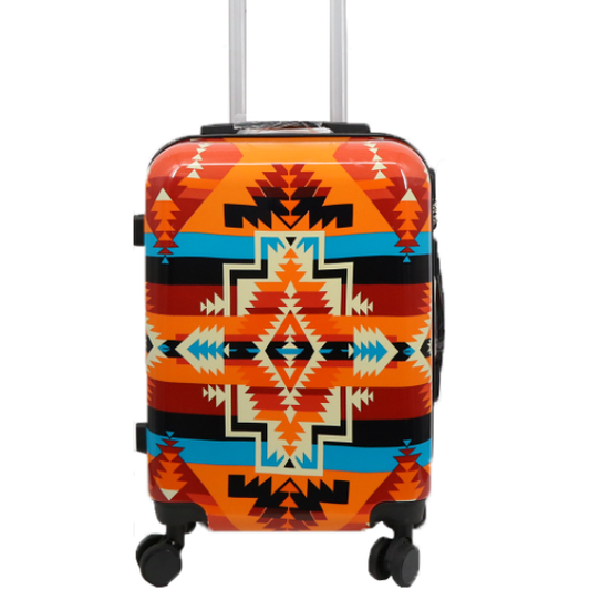 Luggage with a colorful pattern on a white background