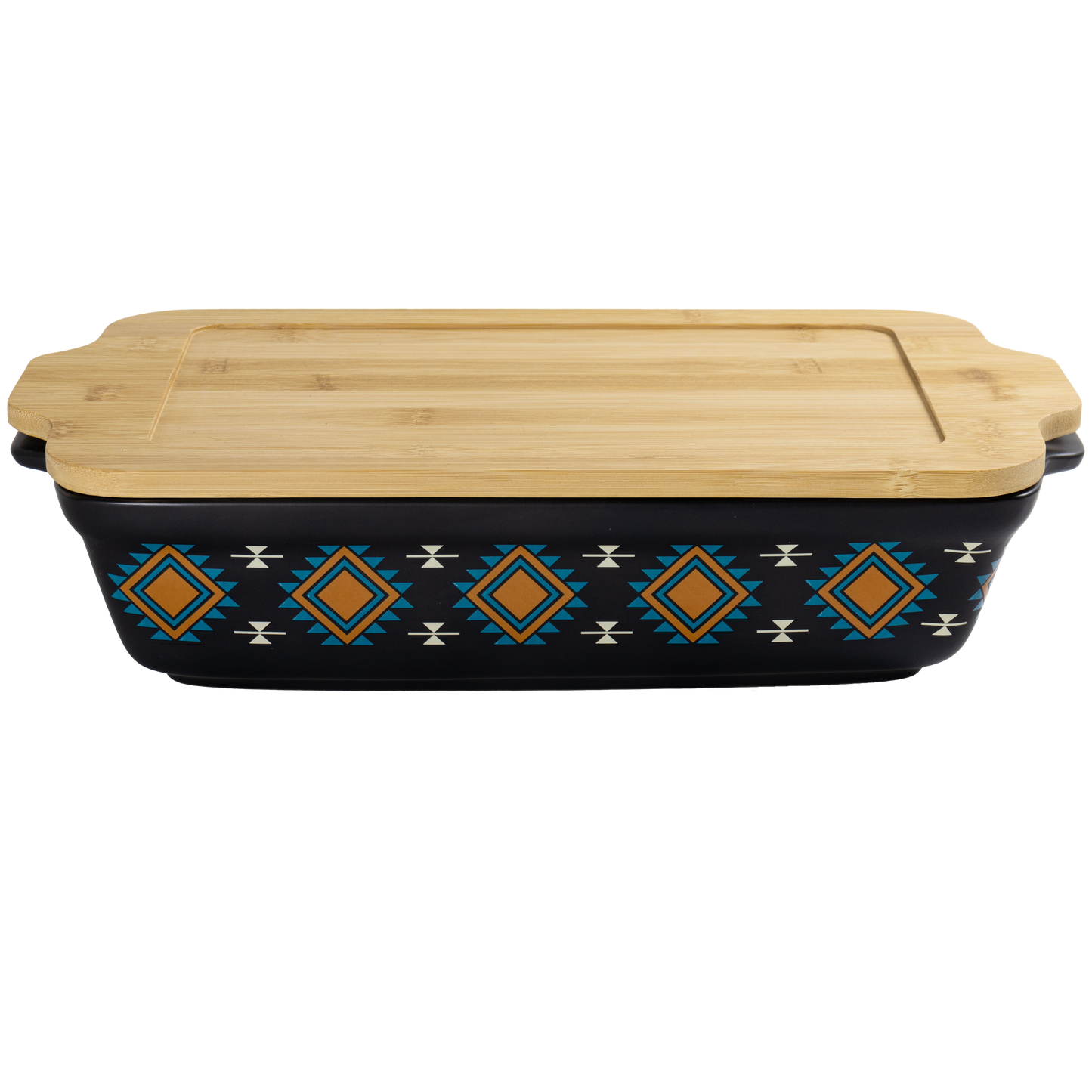 Rectangular black dish with geometric pattern and bamboo lid on a white background