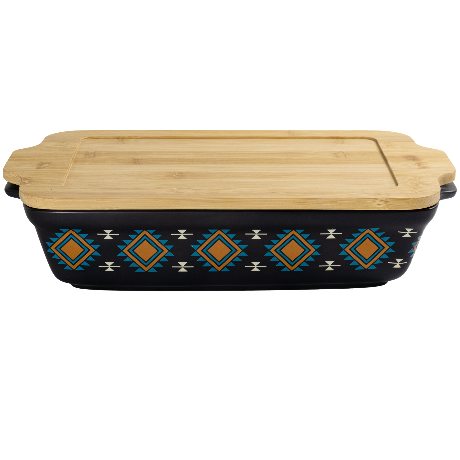 Rectangular black dish with geometric pattern and bamboo lid on a white background