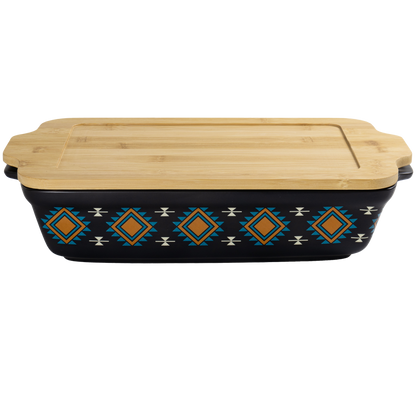 Rectangular black dish with geometric pattern and bamboo lid on a white background