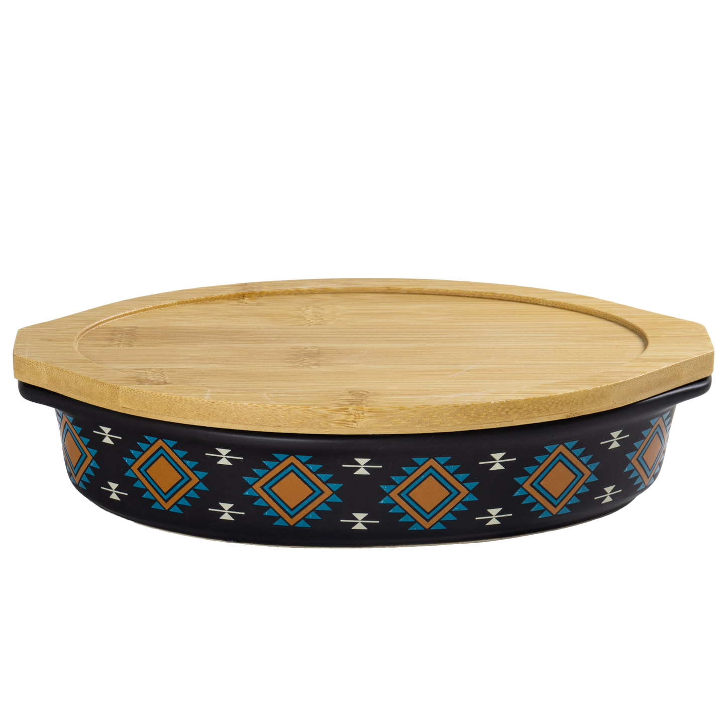 Decorative ceramic dish with a bamboo lid on a white background