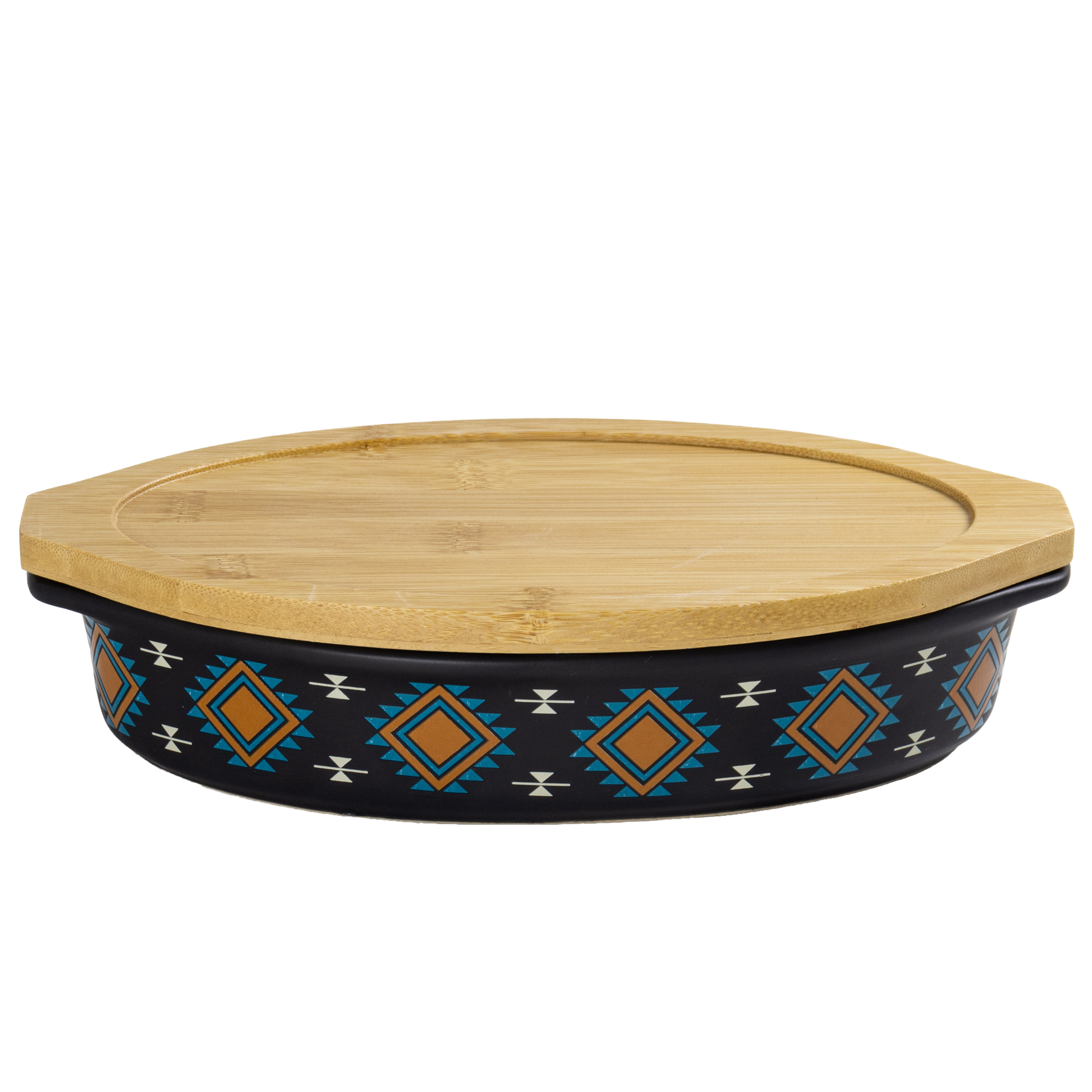 Decorative ceramic dish with a bamboo lid on a white background