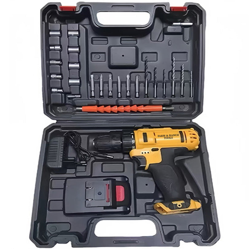 Drill and accessories in a black carrying case on a white background