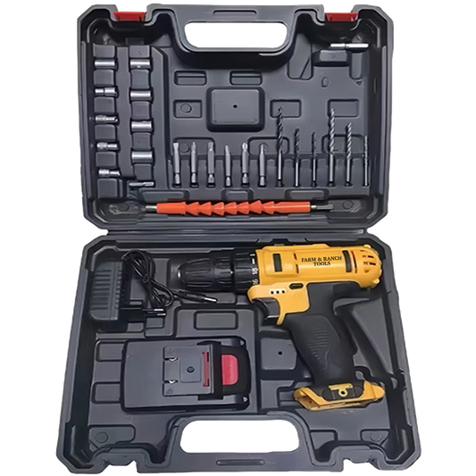 Drill and accessories in a black carrying case on a white background
