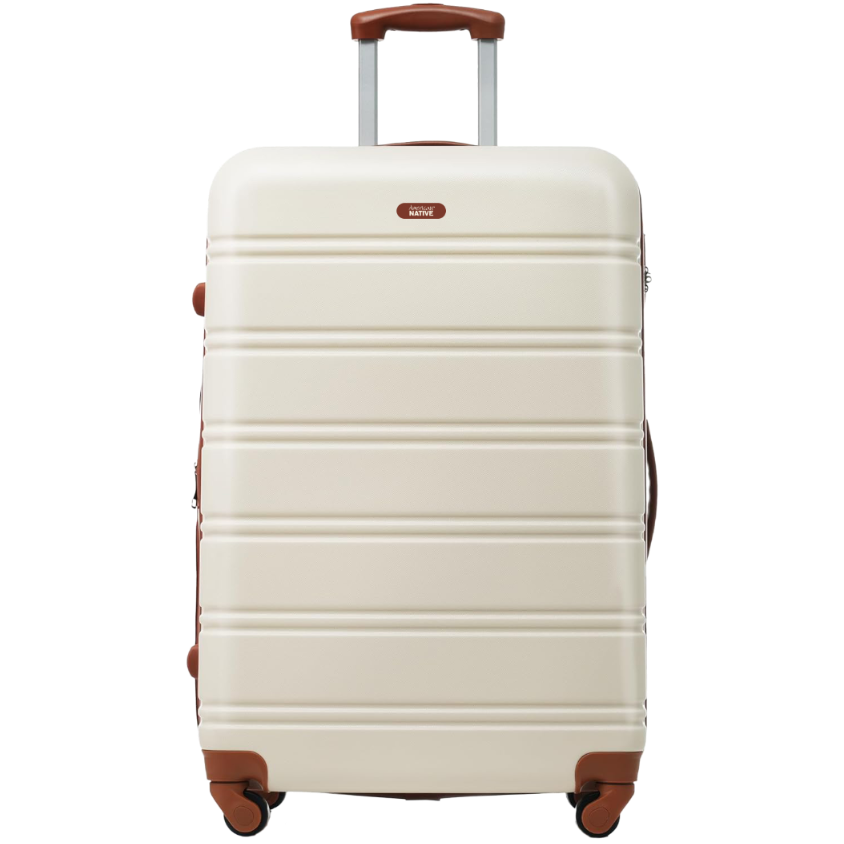Beige suitcase with brown accents on a white background