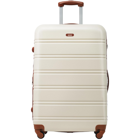 Beige suitcase with brown accents on a white background