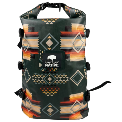 Backpack with geometric pattern and 'American Native' brand label on a white background