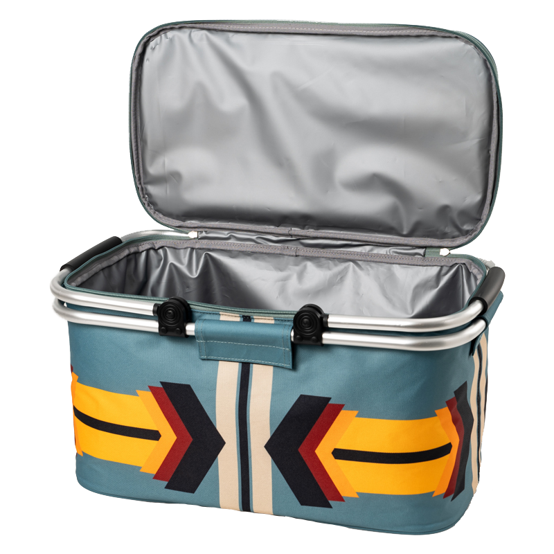 Open cooler bag with colorful arrow design on a white background