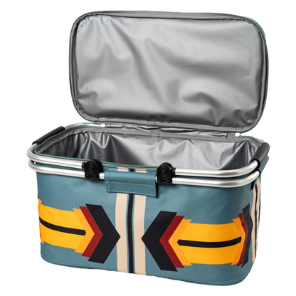 Open cooler bag with colorful arrow design on a white background