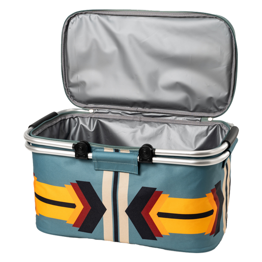 Open cooler bag with colorful arrow design on a white background